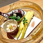 おい河 - オホーツク産毛蟹・太もずく酢・ ヤングコーンの天ぷら