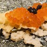 京橋 天冨良と鮨 いしい - 海老天、いくらキャビア巻き