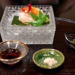 よし町 - 2024.6 常磐沖産本牡丹海老 大津港産鮃（ひらめ）えんがわ 本牡丹海老の卵 土佐醤油 塩