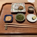 末冨 - 造り　鯛雲丹青利　あん肝酢とちり酢