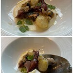 オザミトーキョー - なめらかなじゃが芋のピュレに、ホタルイカとウドを乗せて♪
      ホタルイカの肝やウドを混ぜたソースがかけられているそうで…フリットしたウドは、シャキシャキ食感。
      新生姜のキャラメリゼも楽しい一皿です♪