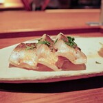 日本料理FUJI - ◯焼津定置網 カマスの山椒焼き オクラと新玉ねぎと共に