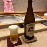 鮨 大門 - いただいたお酒。サッポロ赤星で乾杯から〜の〜