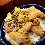 俺の中華たなか家 - 「ホルモン」を「半ライス」へ移設☆　「おろし大蒜」と「ミル付き粗挽き胡椒」をトッピング⤴️して「アレンジミニホルモン丼醤油味」へ❗これ、旨し♥