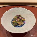 御料理 寺沢 - グリーンアスパラ､スナップ豌豆､椎茸､芋茎の胡麻和え