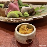 御料理 寺沢 - 海鞘の檸檬昆布〆､石川小芋､夏豆､鱸の御かき揚げ､楤ノ芽味噌に山葵､薑生姜､岩中豚の棒茶蒸し､梅貝､太刀魚､唐墨