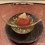 御料理 寺沢 - 酢茗荷の刻みとフルーツトマトのレモン煮に蓴菜と蕾菜