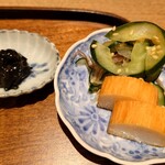 銀座 安久 - 海苔の佃煮、香の物（長芋、胡瓜と茗荷）