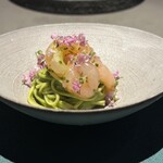 GapricE - 揖保乃糸 龍の夢パスタを使った冷製パスタ、福井の甘海老、バジルと花紫蘇でサッパリと仕上げてあります。暑い日だったので、食も進みました♡