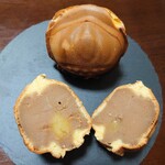 小布施栗菓製造 - 栗福 1つ378円✨皮が薄くて栗餡がぎっしり♪カット失敗ですが、栗が丸々1個入っていました。