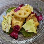 創作イタリアン Gemelli - 初ガツオとレンコンのビール衣フリット〜ジェノベーゼソース