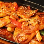 Spicy iron plate stir-fry with squid and samgyeopsal