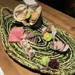 酒肴場 屯 - お造りは、大間のマグロ、あわび、北寄貝、鰯、ヒラスズキ