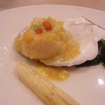 天廣堂 - 6000円でコースを③生ホタテと旬野菜の塩漬け卵炒め