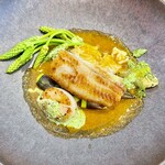 渡辺料理店 - メイン一皿目　舌鮃と帆立と烏賊のブイヤベースにはアスパラソヴァージュ