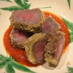 奈良 而今 - 大和牛ビフカツ　自家製ウースターソース　赤万願寺唐辛子