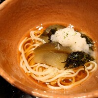 日本料理 山崎 - 氷見うどん　賀茂茄子煮　黒もずく　ねずみ大根