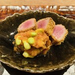 251793156 - 【写真⑦】鹿(安芸高田市)カツ、トマトと白菜の古漬けと茄子と枝豆のソース