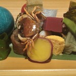 いも膳 - 七夕の八寸、いも膳の大将のこだわりのサツマイモ、沢蟹、伊達巻、牛蒡巻など季節食材を使ったこちらのお店のスペシャリテ❗息子曰く、ここの料理センスを感じられる代表的なお料理だそうです〜❗❤☺v