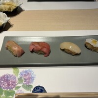 恵比寿 鮨 おぎ乃 - イカ、ホタテ、中トロ、金目鯛