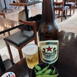 居酒屋スタンド ジャンプ - サッポロラガービール大瓶650円、大衆酒場には633マグナム砲がよく似合う。お通し代枝豆350円