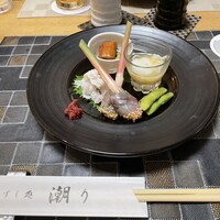 潮り - 夏の宵味覚盛り合わせ(魚素麺、鱧湯引き、焼き枝豆、うざく、新生姜のなめろう風)