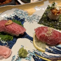 完全個室焼肉すだく浮世亭 - 寿司3種盛  器が素敵〜