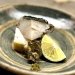 徳ㇵ本也 - ❹鮑
      〜立派な鮑を伊賀焼の焼き場で串に刺して焼き上げる。半生の絶妙な火入れに肝の苦味は唸るしかない。酢橘と柚木胡椒は海水へのアクセント。器にも造詣が深く使っているお皿は、年代物のバーナードリーチ作。