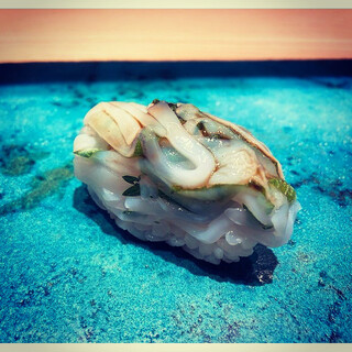 【イカ握り】食感や甘みが活きるイカに、大葉が爽やかに香る