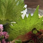 焼きもの家 慶 - スレートの黒がシソの葉と花のニュアンスを透過光で浮き彫りにする^_^