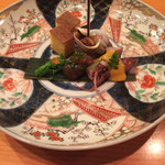 日本料理 たかむら - 八寸 玉子焼き、富山産ホタルイカ、青森産赤ナマコの茶ぶり等…