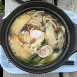 鍋割山荘 - 半熟卵、ねぎ、きのこ類、油揚げ、カボチャ天、ねぎ！