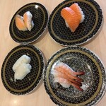 はま寿司 - 料理写真:焼とろサーモン　110円サーモン　110円/アカイカ　110円/甘えび　110円