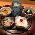 太庵 - 前菜　生このこ・わかめの酢の物・とろろソーメン