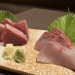 讃岐つけ麺 寒川 - カツオ刺身、はまち刺身