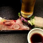庄内ざっこ - お造り。平目、甘エビ、シマアジ、鯛