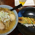 灼味噌らーめん 八堂八 - 味玉味噌 1150円、野菜増し 150円、一本穴子の炙り飯 700円、ランチビール 450円