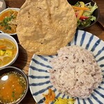 月と亀 - ポークビンダルー定食(1,150円)と追加の小鉢で鰯のつみれカレー(300円)