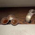 カツレツMATUMURA - 右、ドレッシング　左ソース3種右から自家製ウスターソース、イギリスの塩、自家製ポン酢