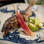 茜坂大沼 - 大沼さんの鮎は、ワタの苦み、身の甘みを堪能できて、コレをいただかないと夏が越せない気分 ww 更には、蓼酢が他所では見られないほど素晴らしい。付け合わせの雷瓜も、食感が良くて美味しゅうございました。