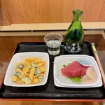 味の笛 - おさしみタラコの自家製マカロニサラダと刺身２点盛