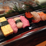 140322　にぎり竹　卵・大とろ・帆立・中とろ・いくら・生えび・赤貝