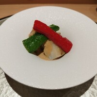 恵比寿 鮨 一 - 揚げナス・アワビ・ピーマンのごまソース