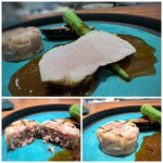 Refugeforestiere 五島 - ＊ムネ肉は昆布で〆、じっくりローストとされているので旨味が凝縮し、柔らかくしっとりした食感で美味。 ＊モモ肉は中は粗挽きミンチ風で、フォンドボーソースがよく合います。