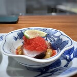 Refugeforestiere 五島 - ＊蛸と焼き茄子。下には焼き茄子、上にはコンソメで煮た蛸。 蛸が柔らかいですね。紅大根を使用したソースの味わいが絶妙で、一緒に頂くと美味しいこと。