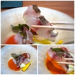 Refugeforestiere 五島 - ＊伊佐木は旬ですし厚めにスライスしてあるので、旨味を感じますね。 ＊パプリカとオレンジのソースが美味しくて。こういうところに一流の技を感じますね。♪