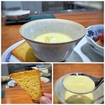 Refugeforestiere 五島 - ＊ゴールドラッシュを使用した「冷製コーンスープ」。コーン自体の甘みを感じ、冷たい食感も心地いい品。 ＊コーンで作った「ブリオッシュ」、これも美味しくて。