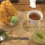 牛島製茶　和cafe Leaf Heart - セット内容です。温かいほうじ茶付き！