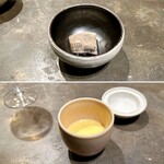 ドンブラボー - 【上】鰯 （酢〆薪火で温めた鰯、あさり出汁で炊いたご飯、温かいお寿司のイメージ）【下】白トリュフ
      （鶏ブロードの茶碗蒸し、白トリュフオイル） 