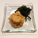 鮨処 有馬 - あん肝（余市産）、春菊